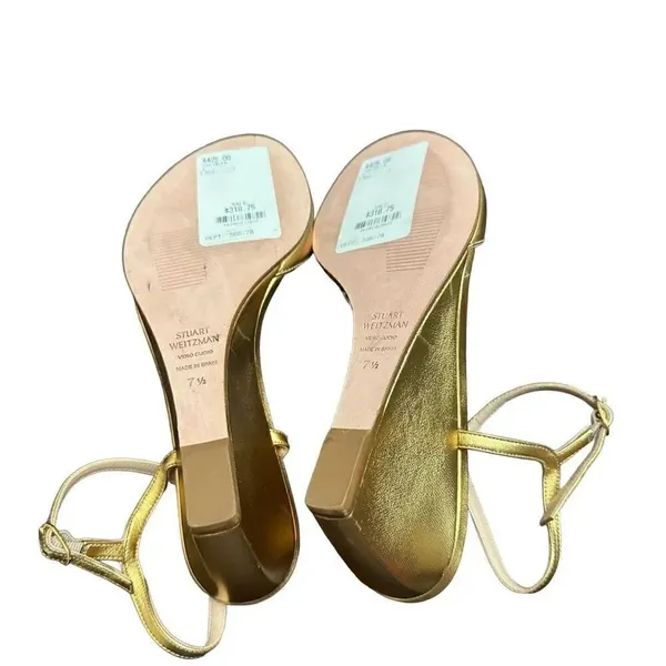 $425 Stuart Weitzman Gloria Leather Wedge Sandal Platino Metallic 71/2 - Image 10