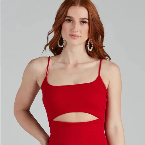 Square Neck Red Dress With Cutout - Image 3