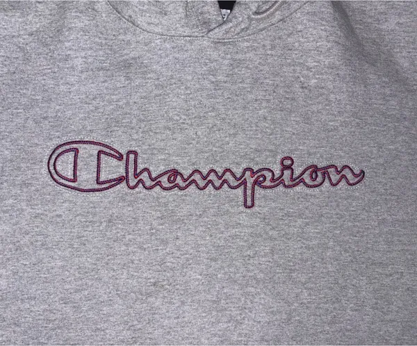 Champion Light Gray Pullover Hoodie with Red Script Logo - Image 3