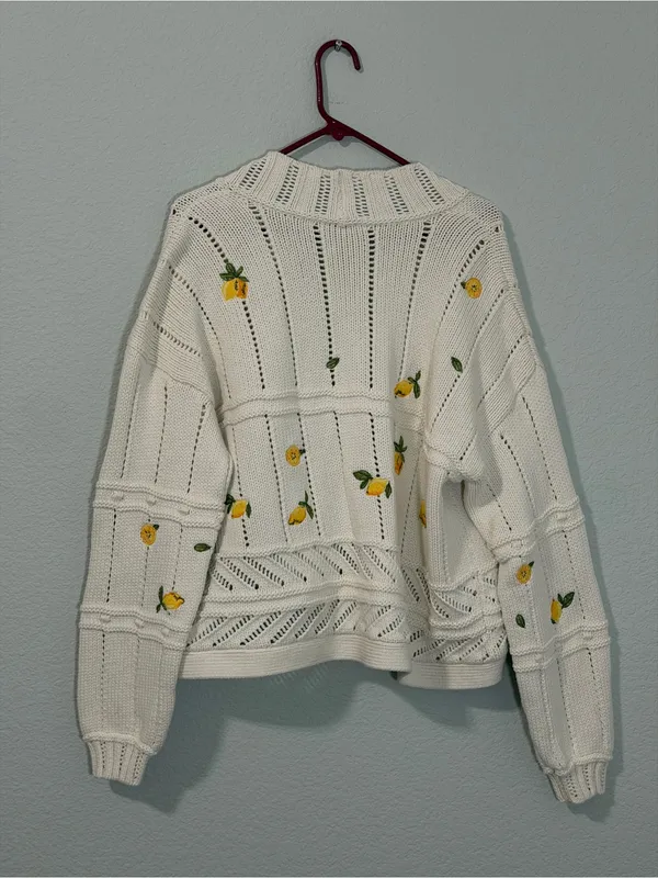Maeve Lemon Embroidered Chunky Knit Open Sweater White Cream Women's Size Medium - Image 7