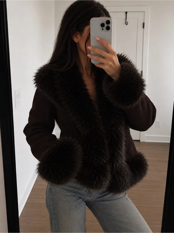Princess Polly Josefina Faux Fur Detail Jacket in Chocolate - Image 2