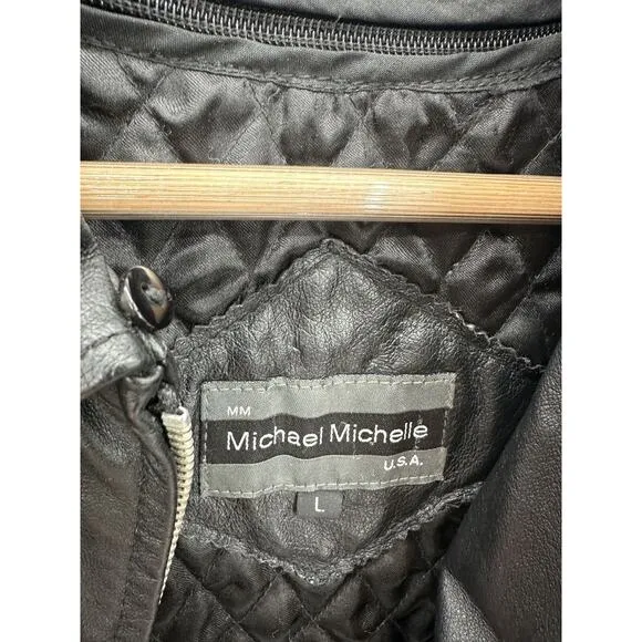 Black Leather Biker Jacket Womens Large Full Zip Quilted Lining Edgy Moto Grunge - Image 4