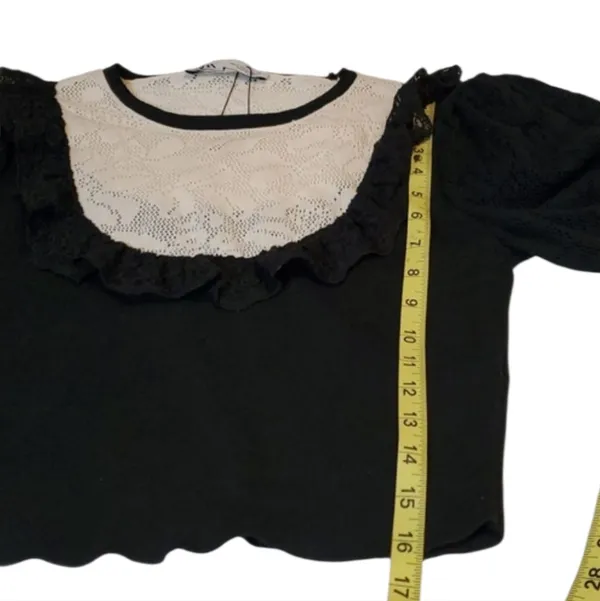 Zara Black Ecru Lace Trim Pointelle Knit Sweater Short Sleeves Size:M NWOT - Image 6