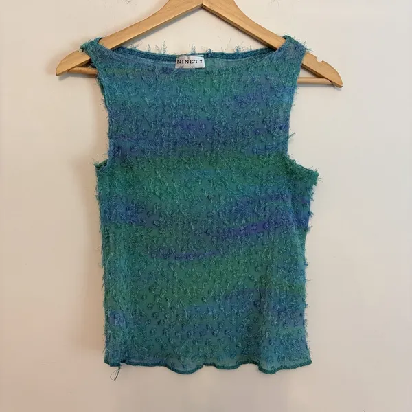 Ninety 2 Pc Skirt Set Medium Teal Blue Textured Sheer Sleeveless Y2K NWT - Image 3