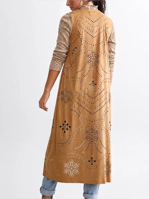 Ariat Magdelena Faux Suede Duster Long Vest Laser Cutout Floral Size Small - Image 3