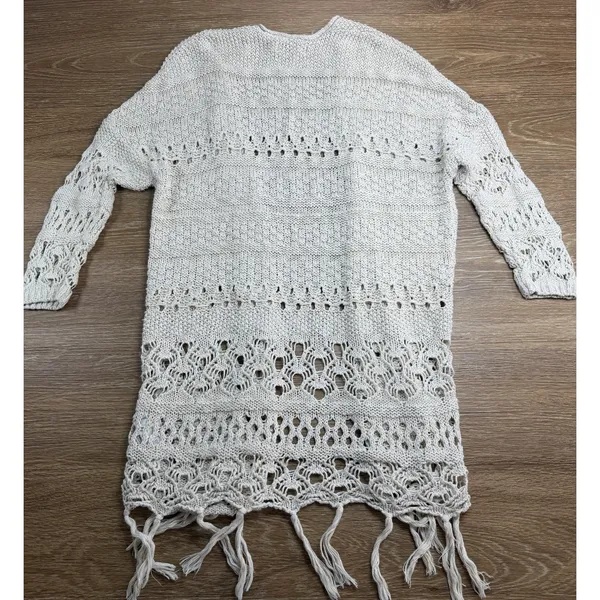 Hollister Cardigan Womens S Cream Crochet Open Knit Fringe Boho Cotton Duster - Image 13