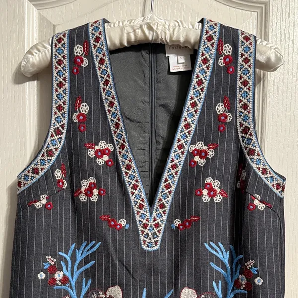 Foxiedox Anthropologie Yumiko‎ Pinstripe Floral Embroidered Dress Boho Retro - Image 4