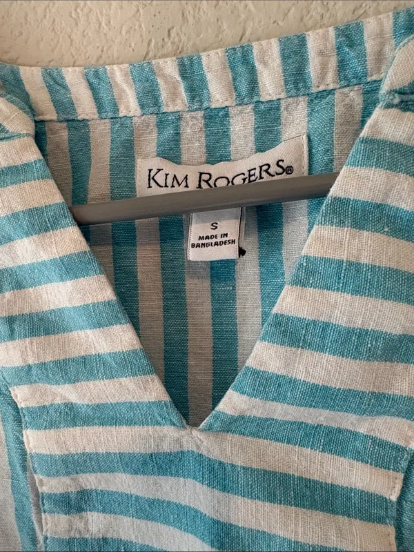 Kim Rogers Blue & White Striped V-Neck linen and cotton Top - Image 2