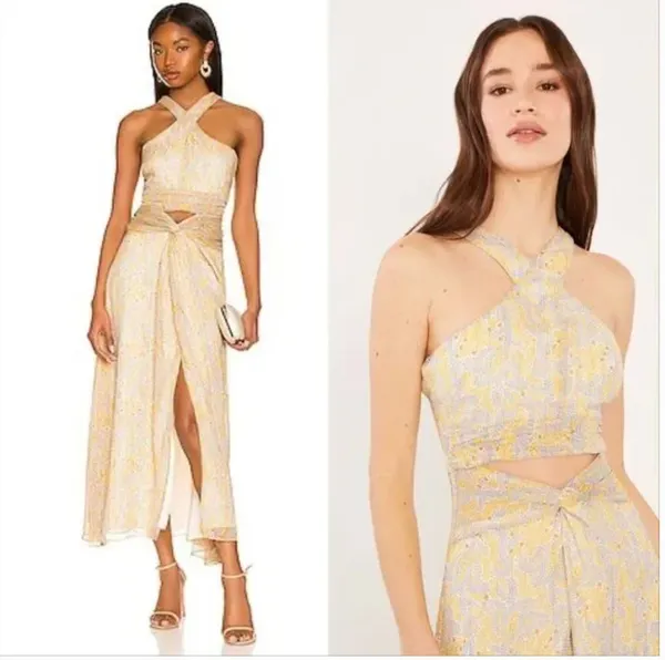 Likely Lucy Dress Yellow Blue Floral Cutout Halter Midi Size 10 - Image 2