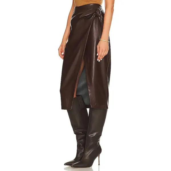 Enza Costa Vegan Leather High Waisted Wrap Midi Skirt Chocolate Brown 0 - Image 2