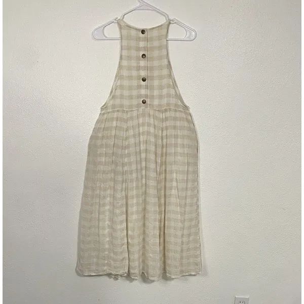 KIMCHI BLUE Size S Gingham White Beige Plaid Linen Cotton Pinafore Dress Snaps - Image 9
