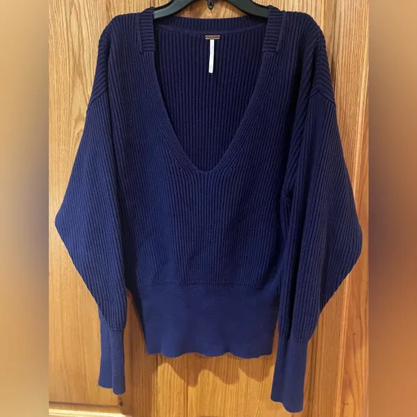 Free People‎ Navy Blue Allure Rib Knit Slouchy V-Neck Pullover Sweater Size XS - Image 11