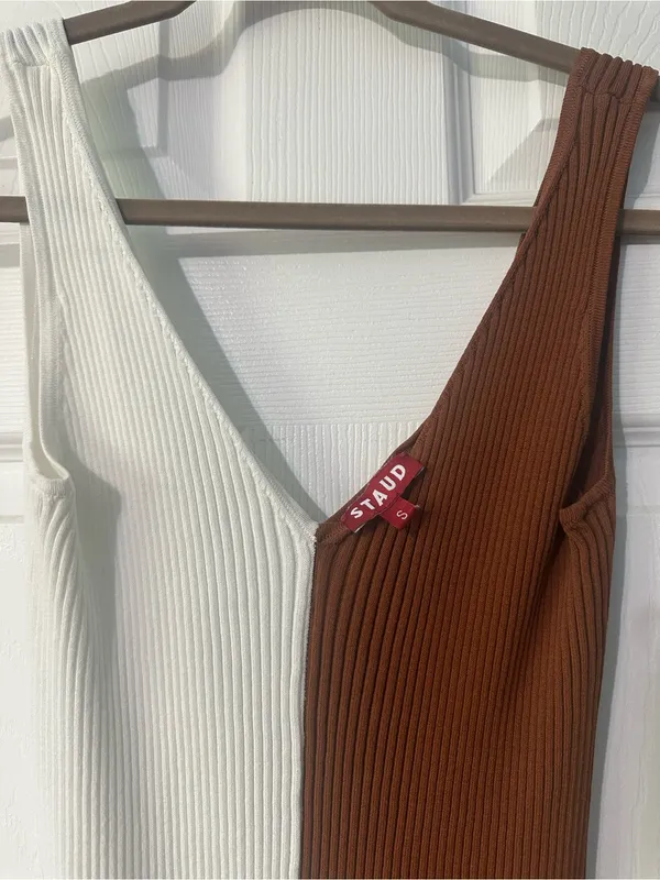 Staud Dana Colorblock Midi Sheath Dress in White and Brown - Image 4
