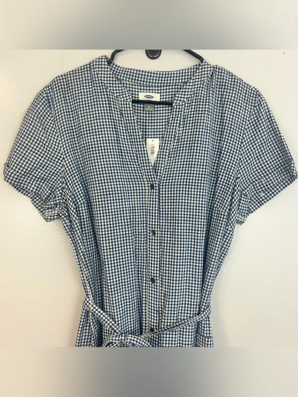 NWT Old Navy Blue/White Plaid Gingham Short Sleeve Tie Waist Shirt Dress Large - Image 3