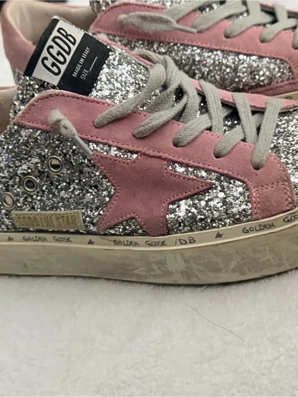 Golden Goose Hi Star Sneakers - Silver Glitter & Pink Suede Star (Size 38) - Image 4