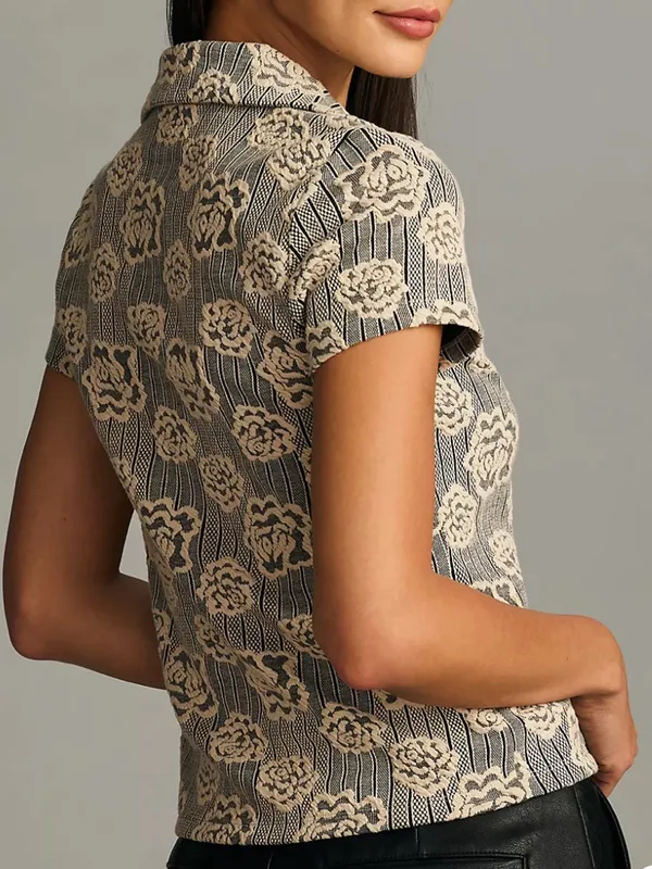 Anthropologie Maeve Floral Jacquard Zip Neck Polo Top Black Cream Size XS - Image 2