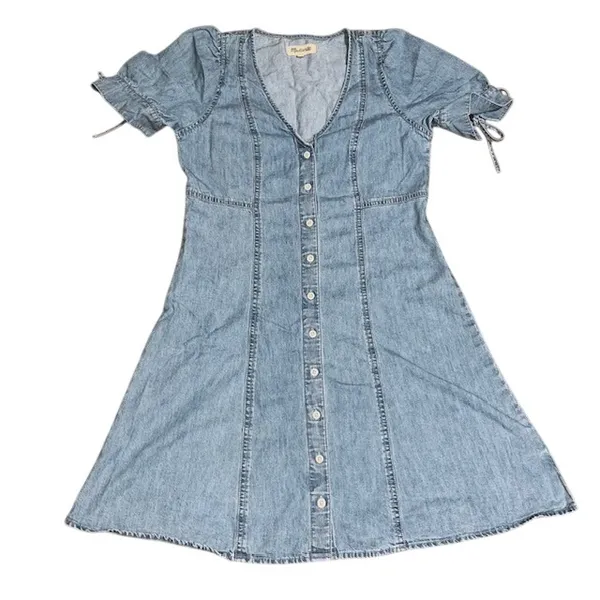 Madewell Tencel Denim Button-Front Tie-Sleeve‎ Mini Dress Brannon Blue 2 - Image 3
