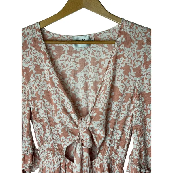 Hello Molly Floral Romper Women XS Pink Ruffle Tie Front Cutout Boho Cottagecore - Image 4