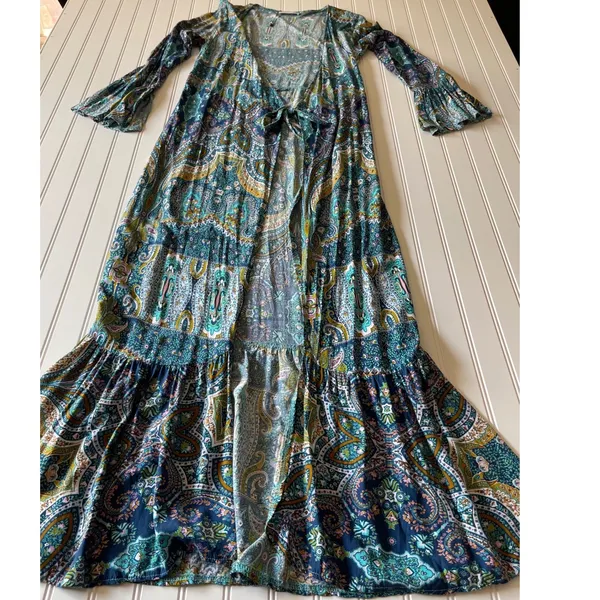R.Vivimos Paisley Maxi Dress Cardigan Tie Front Bell Sleeve Duster Teal S - Image 3