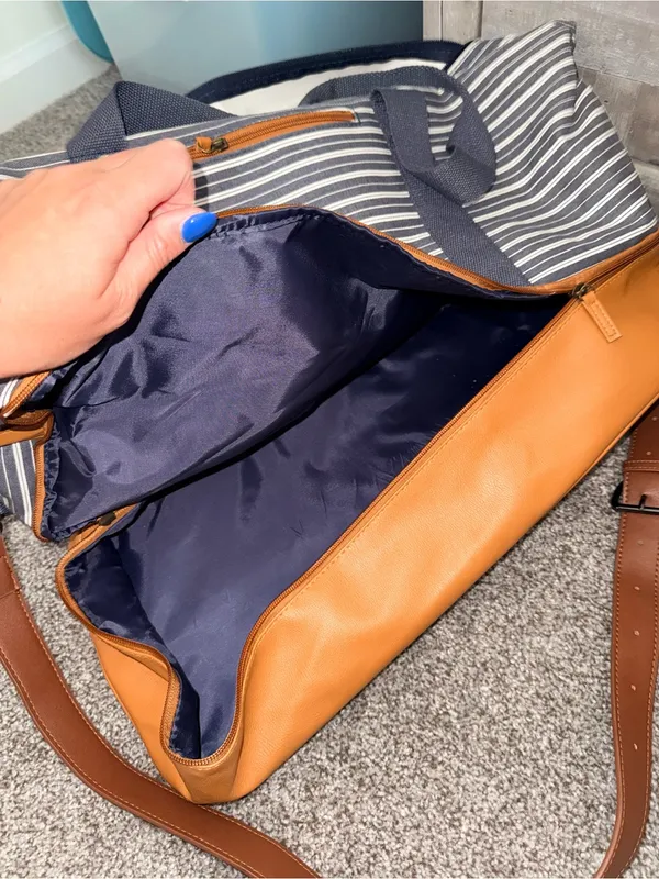 DSW Navy and White Striped Travel Weekender with Tan Trim - Image 6