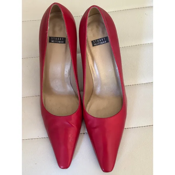Stuart Weitzman Red Leather Pointed Toe Flared‎ Kitten Heel Pumps Size 8.5 B - Image 2