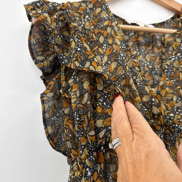 ba&sh Samantha Ruffled Leaf Print‎ Maxi Dress Black Gold Flutter Sleeve Small - Image 7