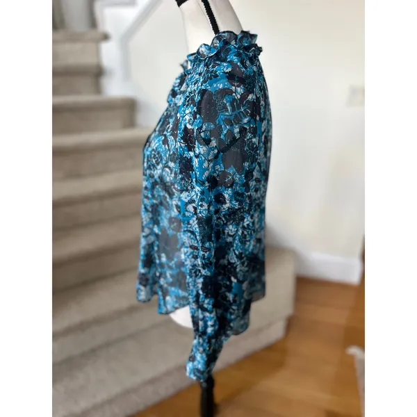 Anthropologie Blue Black Floral Lace Print SHEER Blouson Sleeve Blouse - Image 3