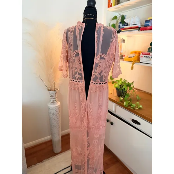 Blush Pink Lace Romper Maxi Dress Deep V Neck Floral XL - ELETER - Image 3