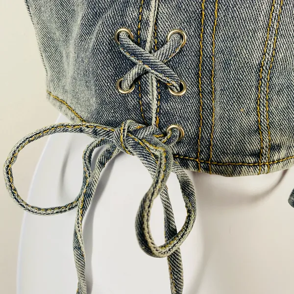 PrettyLittleThing Petite denim lace-up corset top - Image 3