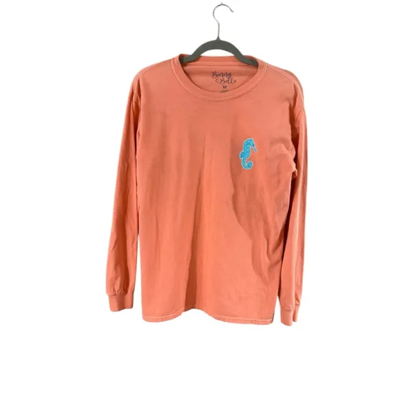 Women's Benny & Belle Long Sleeve Tee M Orange Blue Seahorse - Image 8