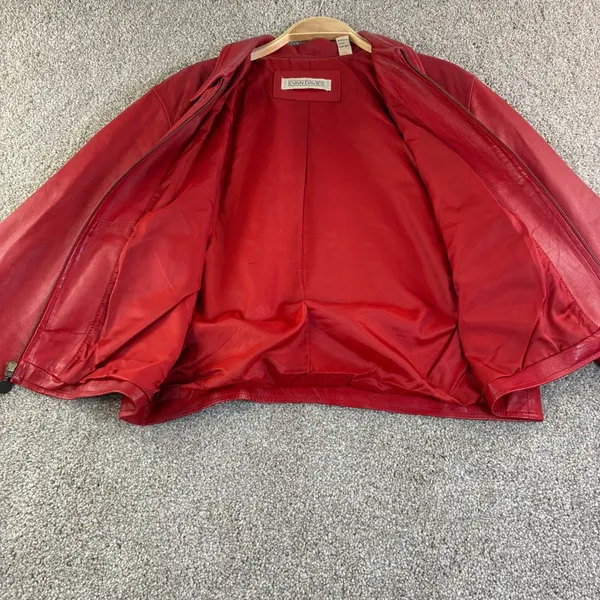 EVAN‎ DAVIES Red Leather Jacket Womens 12 Zip Up Collared Blazer Style Retro VTG - Image 2