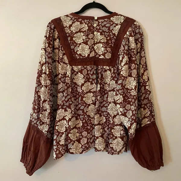 Cleobella Burgundy Red White Floral Smocked Lace Peasant Blouse Cotton Women XL - Image 5