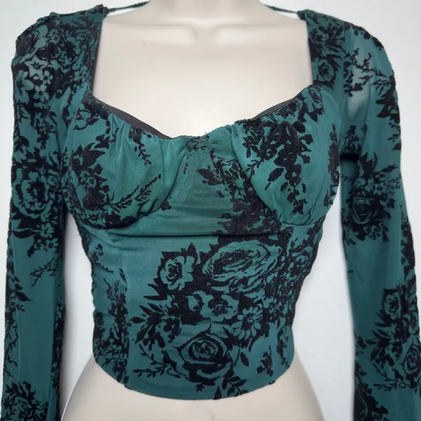 Forever 21 Women Whimsigoth Crop Milkmaid Top Small‎ Green Black Floral Corset Bell Sleeve - Image 6