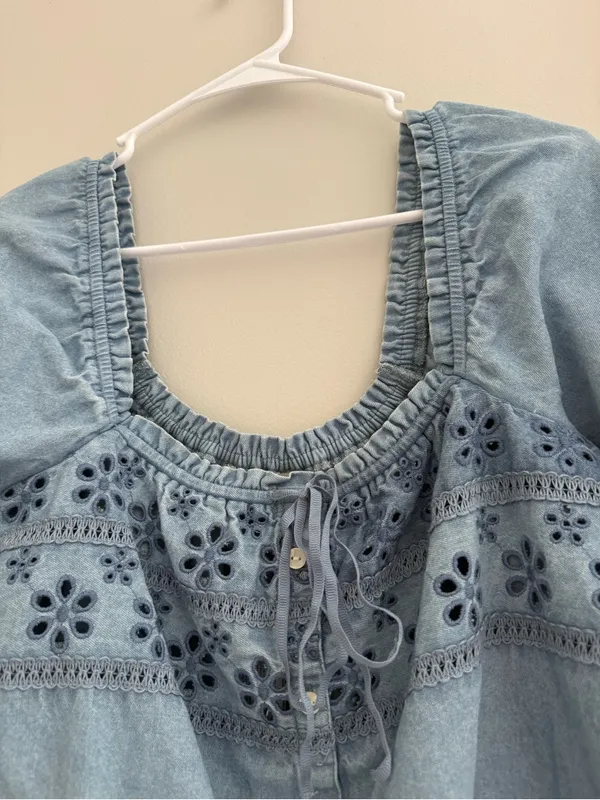 American Eagle Light Blue Embroidered Peasant Top - Women's - Image 2