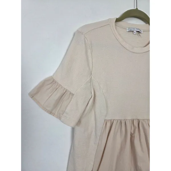 English Factory Mini Babydoll Shift Dress Beige Ruffle Tea Party Brunch Coquette - Image 11
