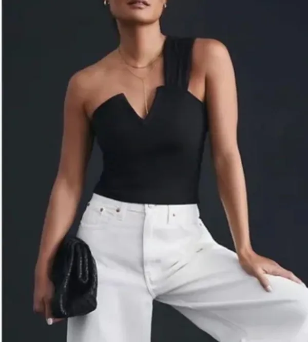 Anthropologie Maeve Structured Asymmetrical Top Size M One Shoulder Black - Image 2