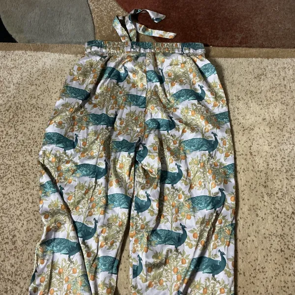 LATES Womens XS Peacock Orange‎ Tree Print Satin Pajama Pants Blue Green Orange - Image 7