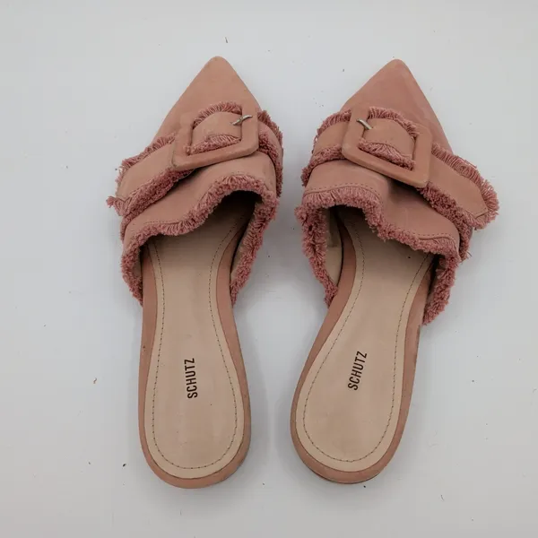 Schutz Mileni Pink Leather Fringed Buckle Pointed Toe Mules Flat Shoe Women 8.5B - Image 6