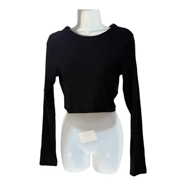 PINK Victoria's Secret Crop Top Women Large Black Excellent Ribbed‎ Long Sleeve - Image 3