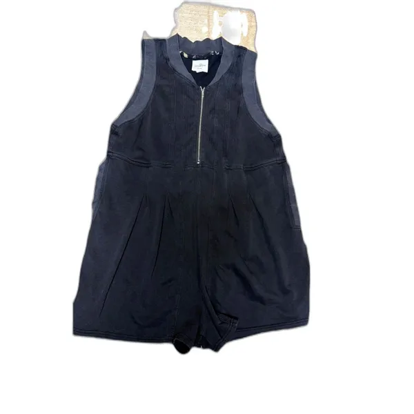 Umgee Black Zip Front Romper Womens Large Sleeveless Mineral Wash Pleated Casual - Image 2