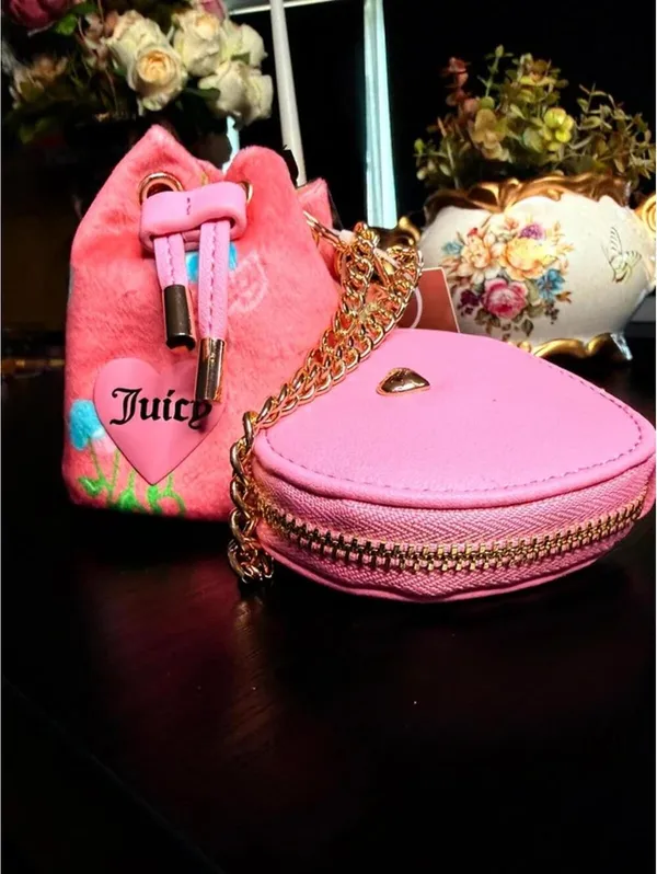 Juicy Couture Cherry Micro Bag Heart Coin Purse Charm Set Pink NWT - Image 5