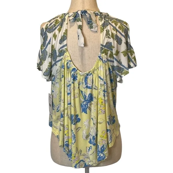 Free People Yellow Baja Babe Printed Cold‎ Shoulder Short Sleeve Top Size XS - Image 7