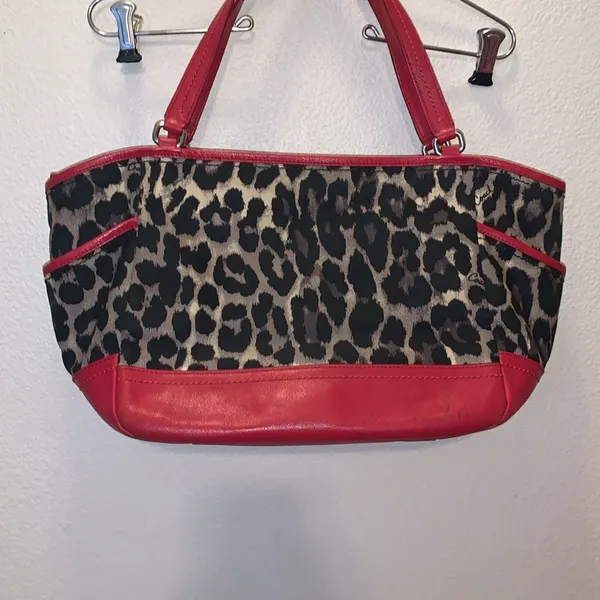 Coach Park Ocelot Leopard Print Canvas Red Leather Trim Shoulder Tote Bag - Image 2