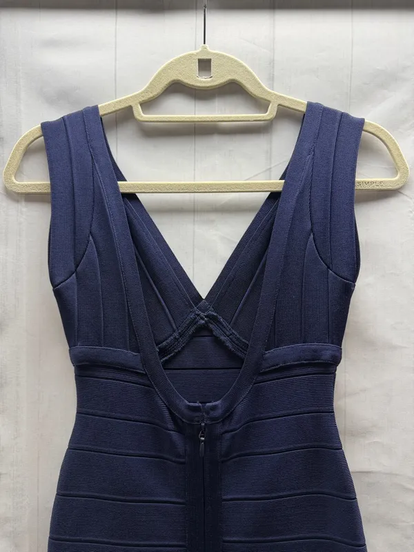 Herve Leger Karima Pacific Blue V-Neck Sleeveless Body Con Bandage Dress Small - Image 5
