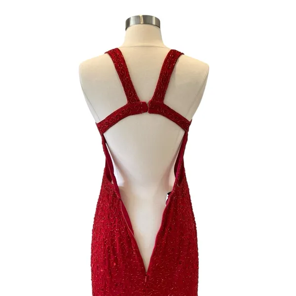 Vintage Sean Collection Red Silk Beaded Gown with Open Back - Image 7