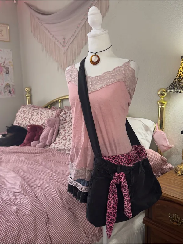 Handmade Black Canvas Crossbody Bag with Pink Leopard Accent - Women's Crossbody - Image 7