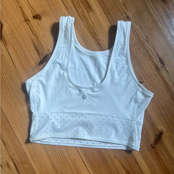 Cropped, All White Lululemon Tank Top With Mesh Bottom - Image 3