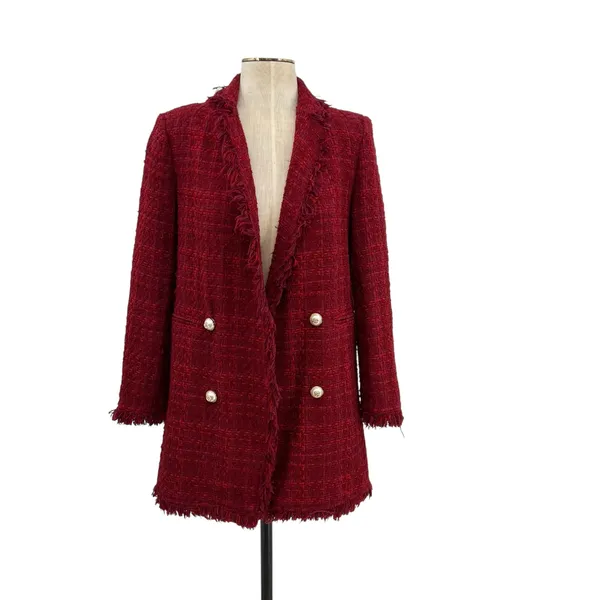 Zara Tweed Blazer Jacket‎ Coat Gold Buttons Frayed Hem Red Size Small - Image 3