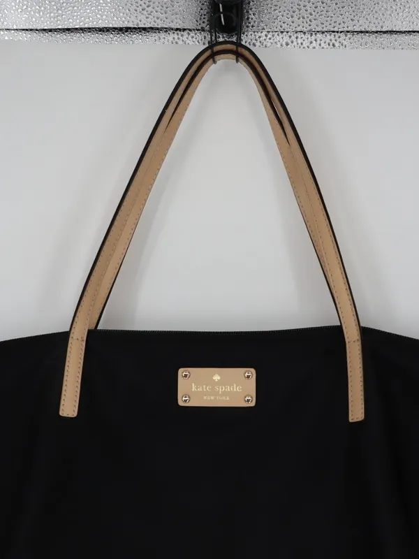 Kate Spade New York Black Nylon Tote Pink Lining Tan Leather Handles Work Bag - Image 4
