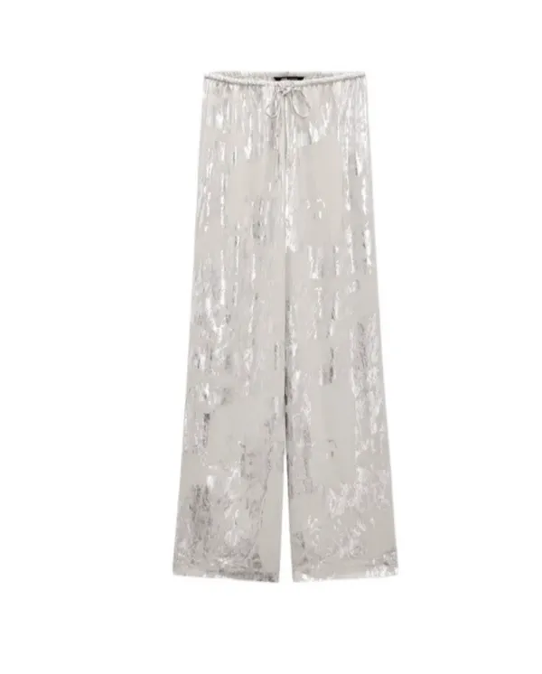 Zara White/Silver Metallic Wide-Leg High-Rise Pants. - Image 2